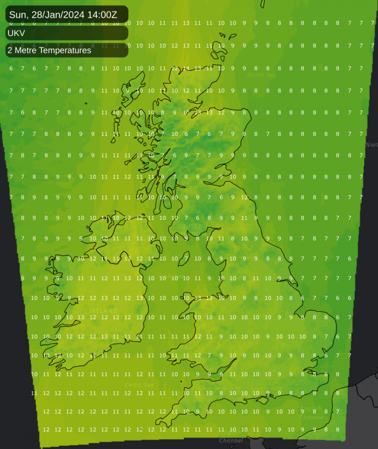 Temperature map for Sunday