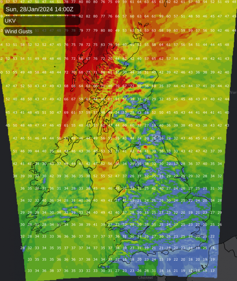 Wind gust map for Sunday afternoon