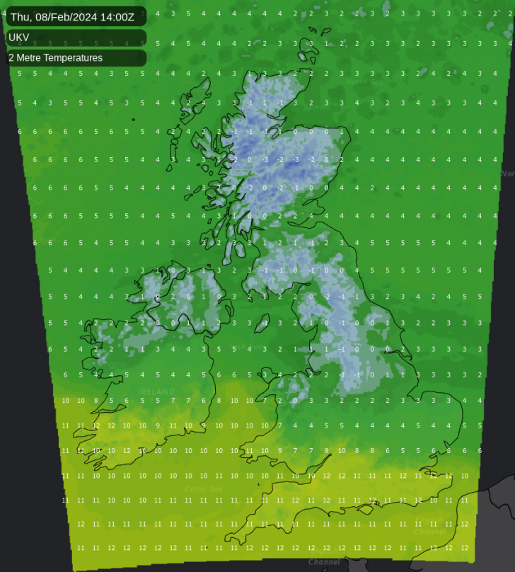 Temperature map of the United Kingdom