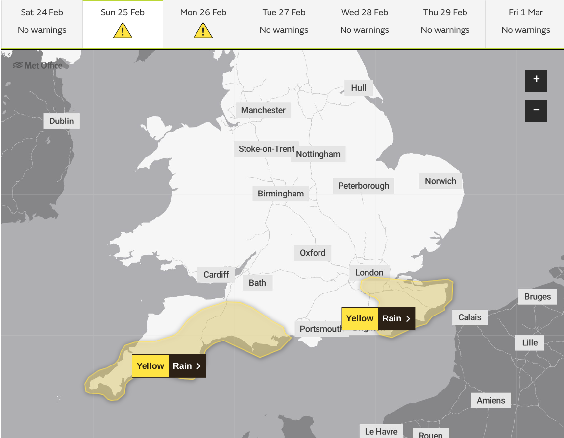 Met office warning map for Sunday and Monday