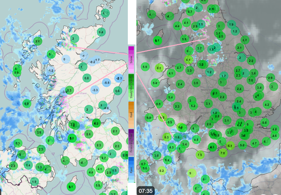 Netweather Radar showing lower temperatures this morning and #UKsnow