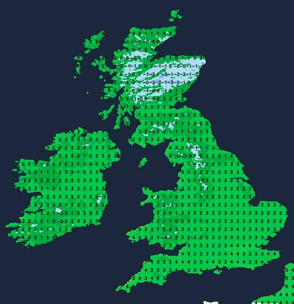 Temperature map for first thing on Friday