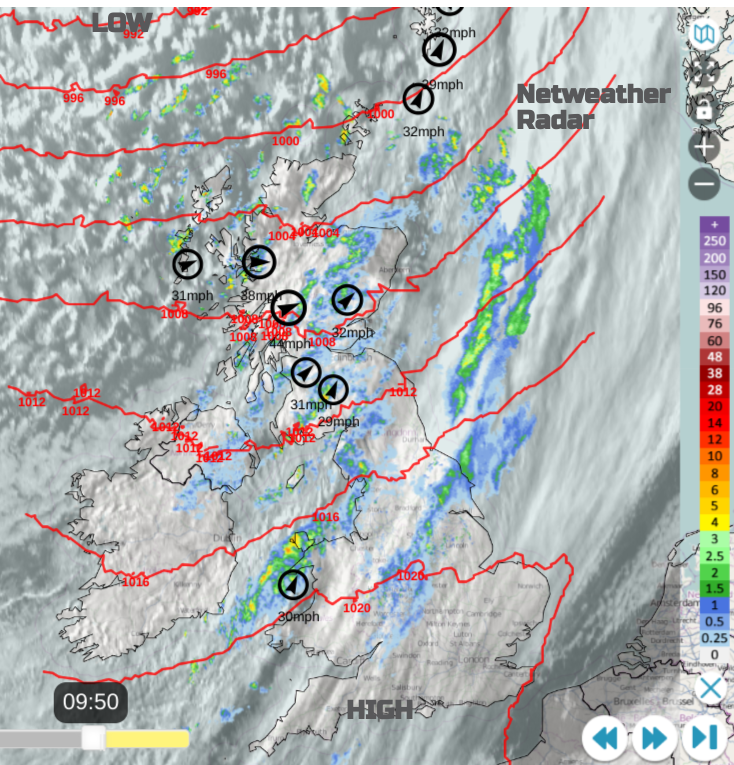 Netweather Radar with low to north, frontal rain and high in south