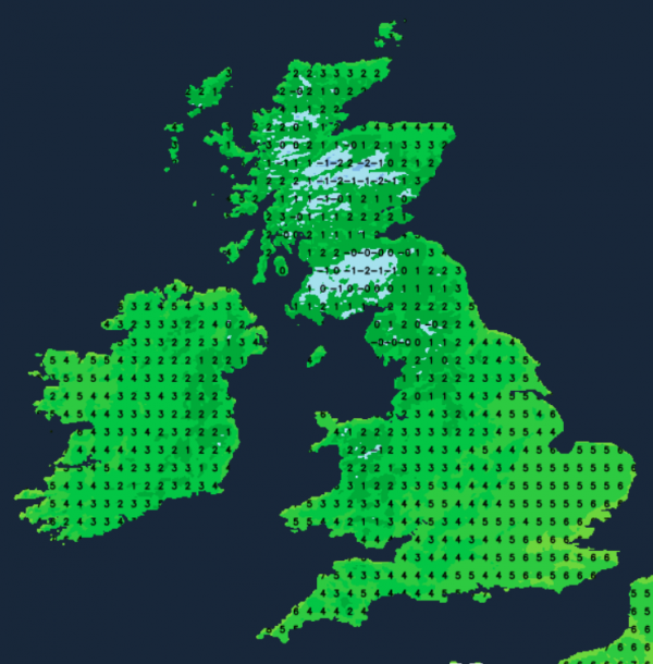 Temperature map for first thing on Monday