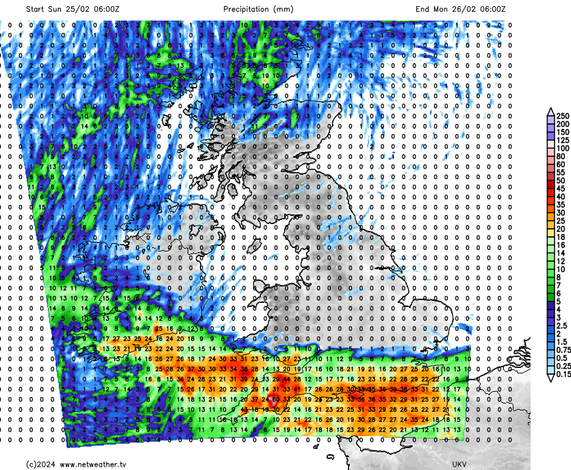 Rainfall total forecast map for Sunday into Monday