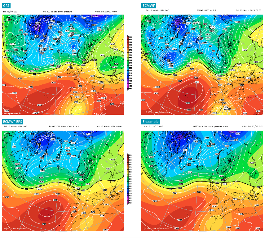 Weather maps from four forecast models for next Saturday