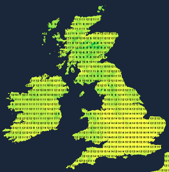 Temperature map for Sunday afternoon