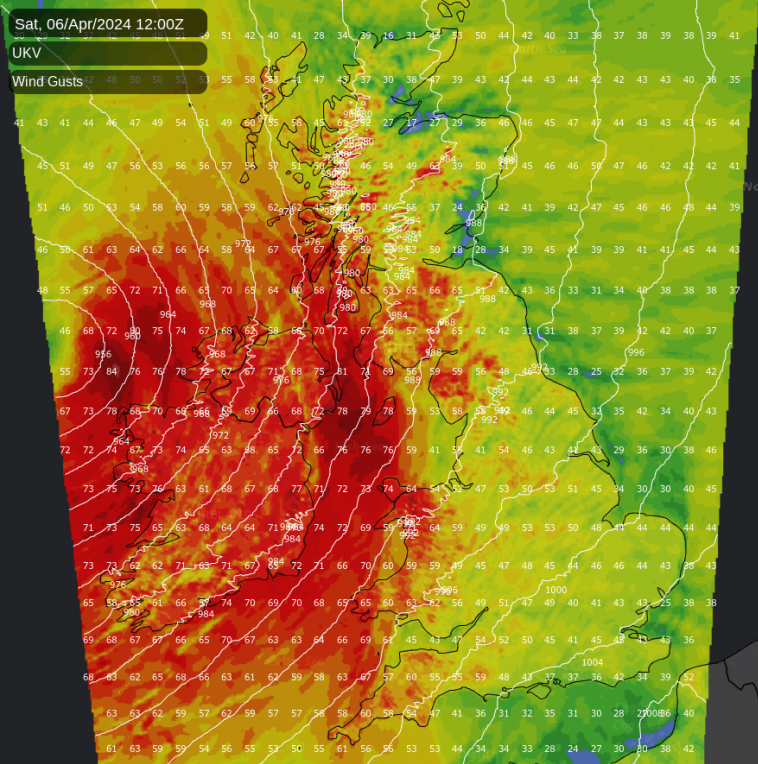 Wind map for Saturday - severe gales in the west