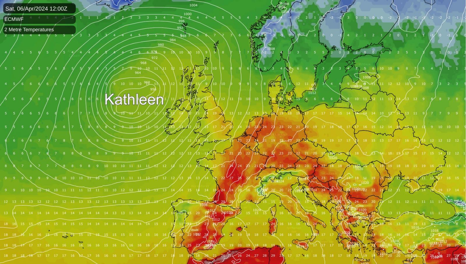 Storm Kathleen bringing very warm temperatures into Europe