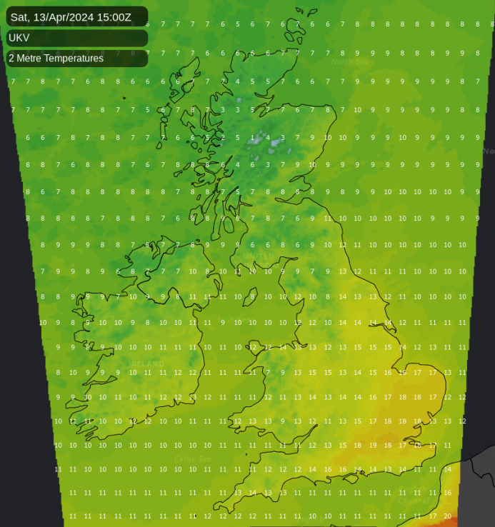 Temperature map for Saturday