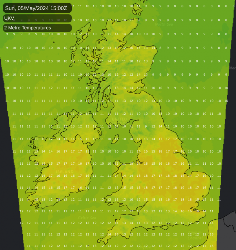 Temperature map for Sunday afternoon