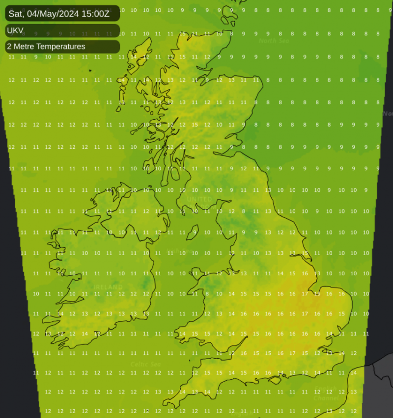 Temperature map for Saturday afternoon