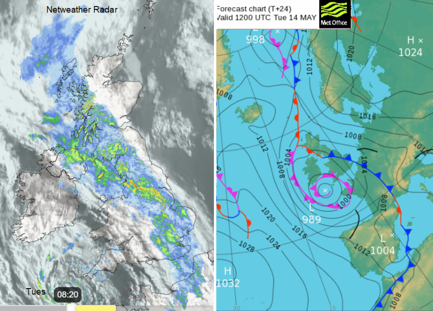 Surface pressure chart with UK Radar