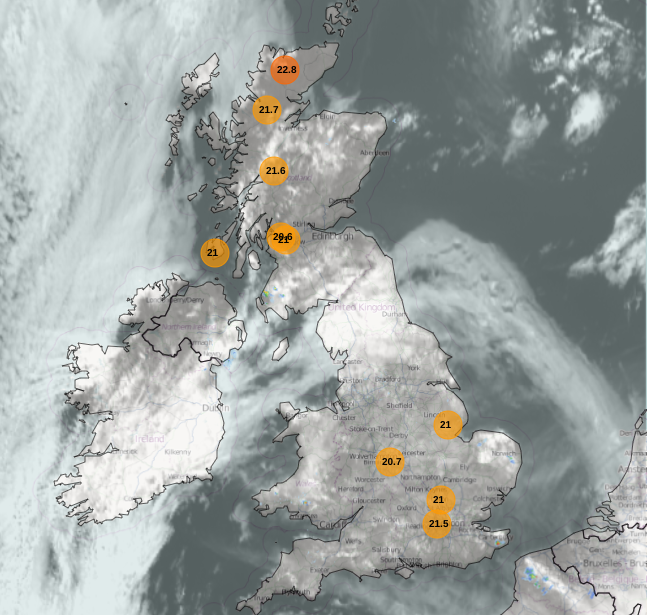Visible satellite and max temps UK