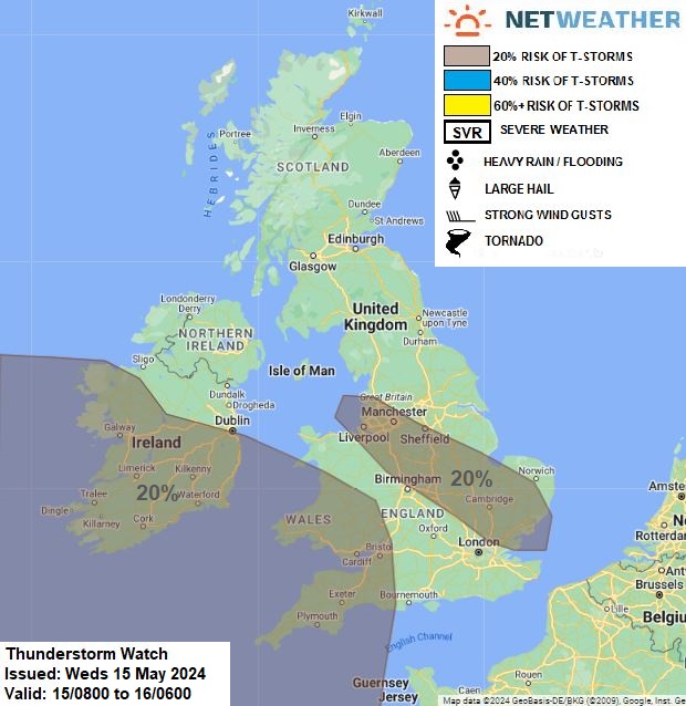 THUNDERSTORM WATCH - WEDS 15 MAY 2024