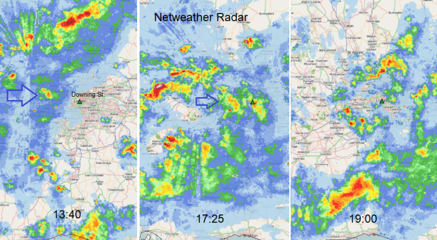 Rain radar over Downing street 22nd May