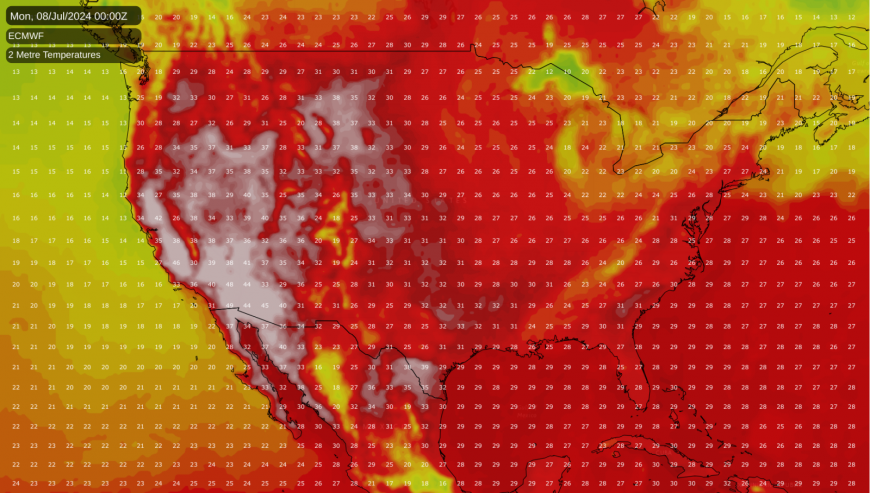 USA temperature map for next Monday