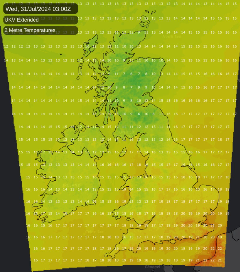 Temperature map for Tuesday night