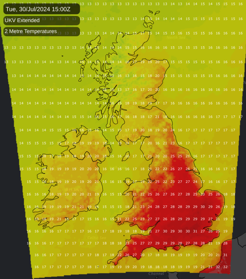 Temperature map for Tuesday afternoon