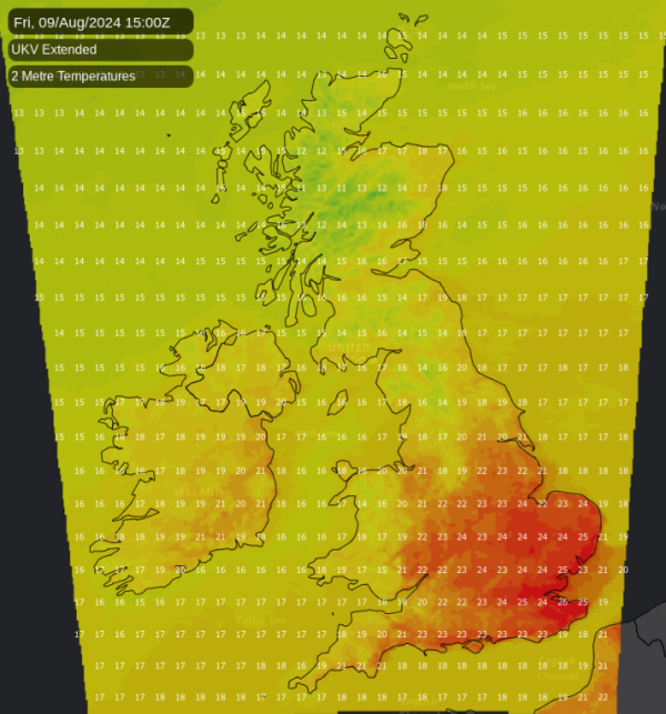 Temperature map for Friday afternoon