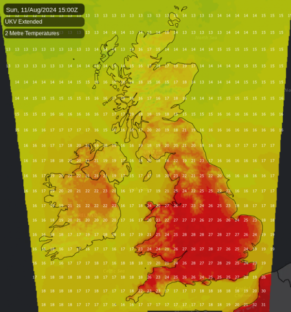 Temperature map for Sunday afternoon