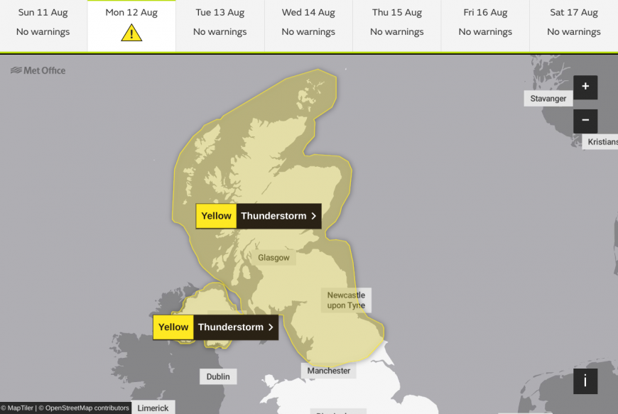 Thunderstorm warnings issued by the Met Office