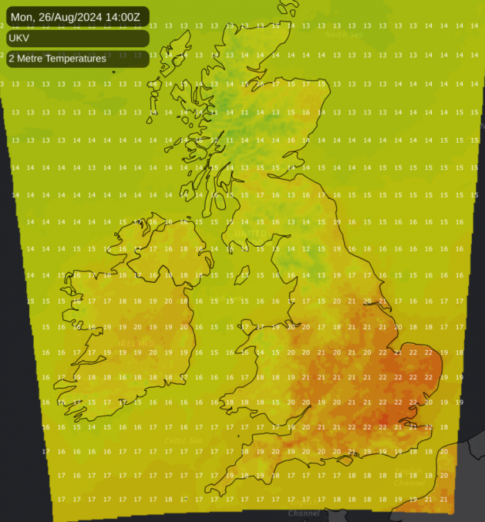 Temperature map for MOnday