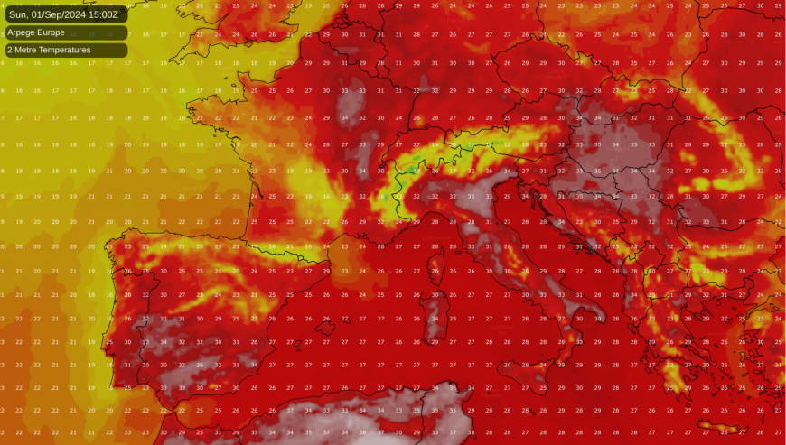 Temperatures over Europe on Sunday