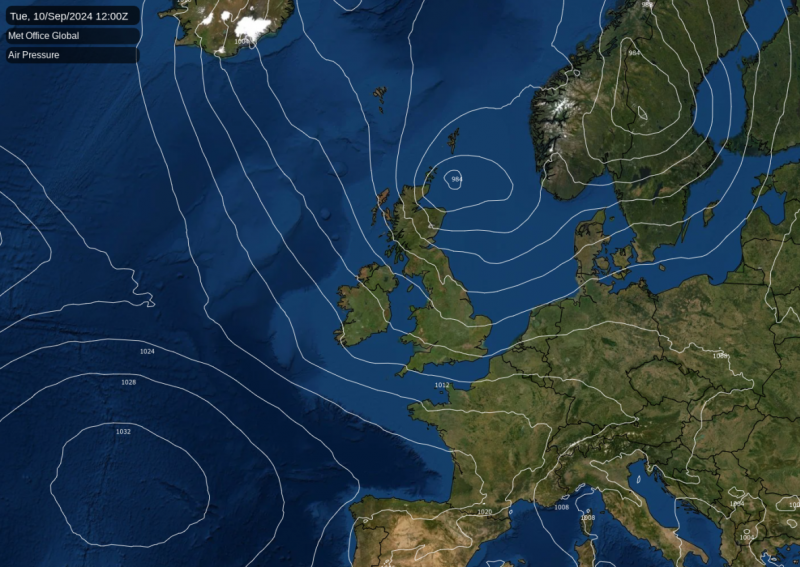 Met Office model for Tuesday showing a deep low to the northeast of Scotland
