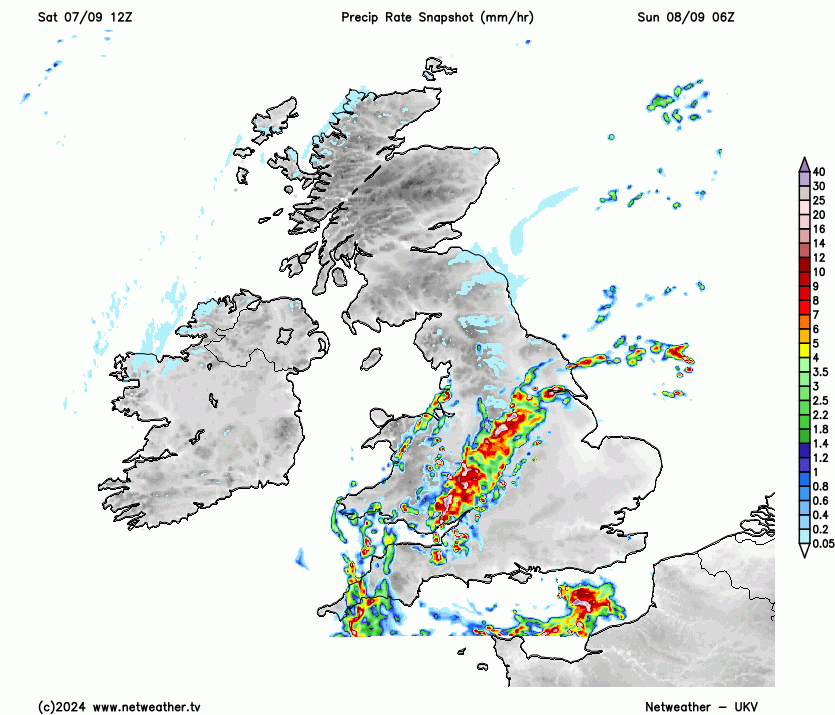 Animation showing the forecast rainfall on Sunday