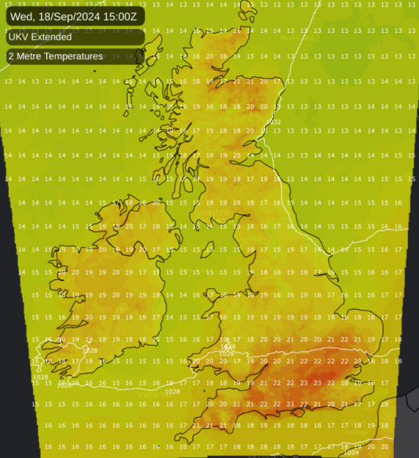 Temperature map for Wednesday