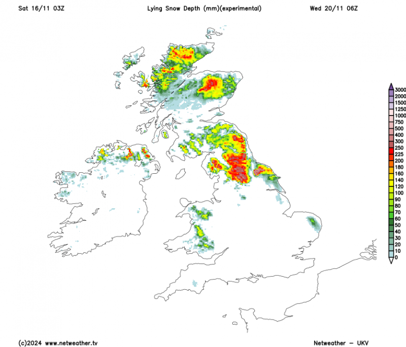 Snow depth forecast map for Wednesday morning