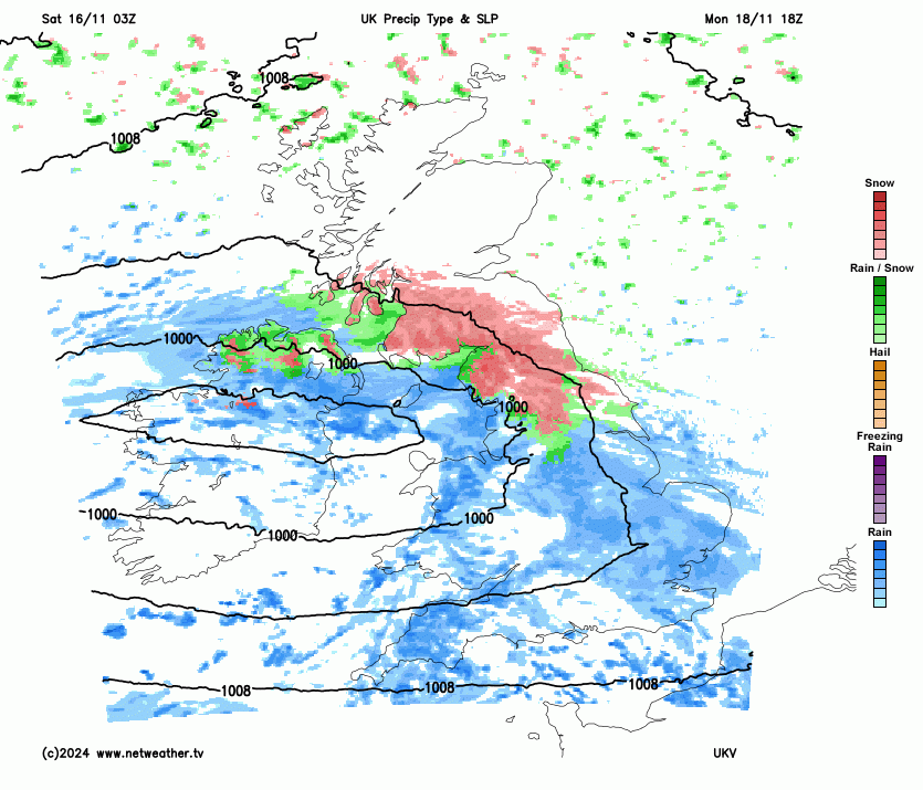 Animation of the rain sleet and snow on Monday