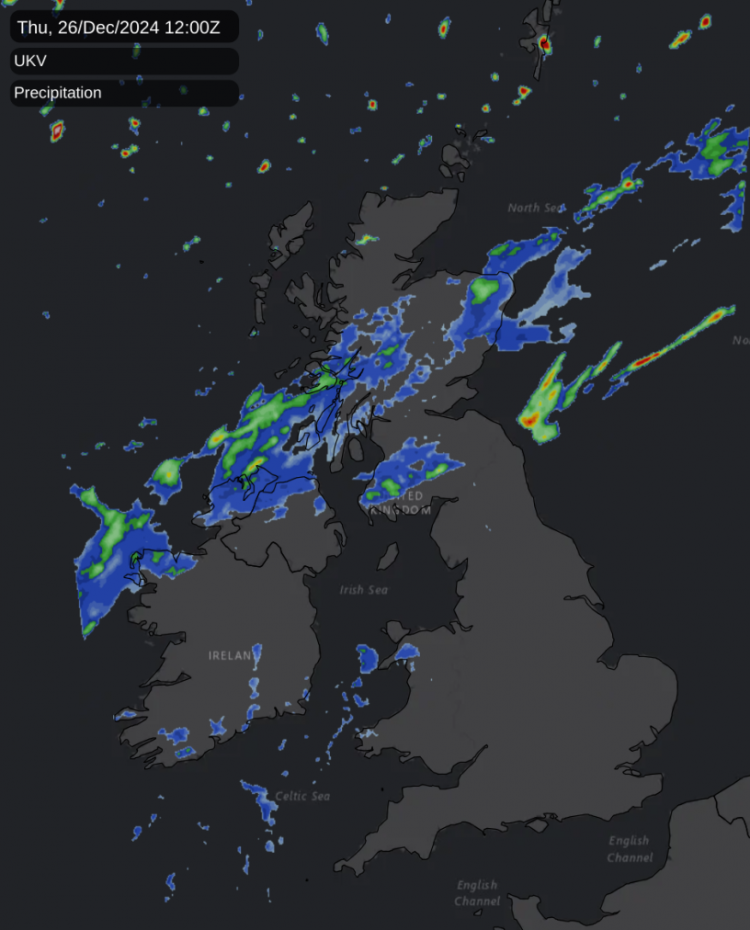 Precipitation map for midday on Boxing day