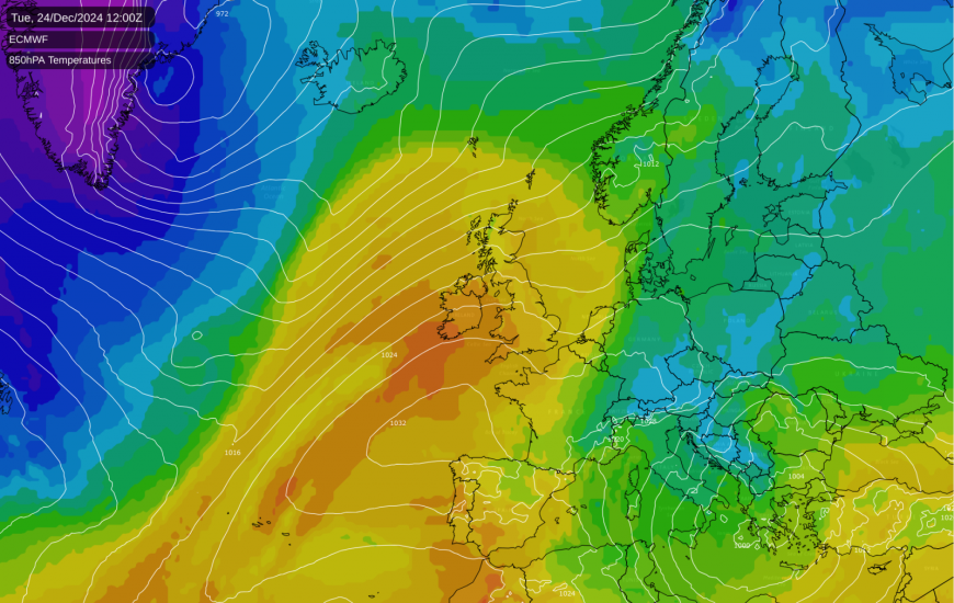 Unseasonably warm air being drawn up over the UK from the southwest