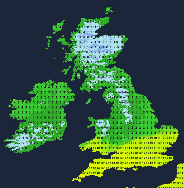 Temperature map for Sunday afternoon showing the contrast between the north and south of the UK