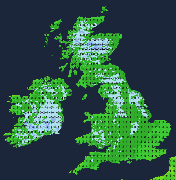 Temperature map for first thing Thursday