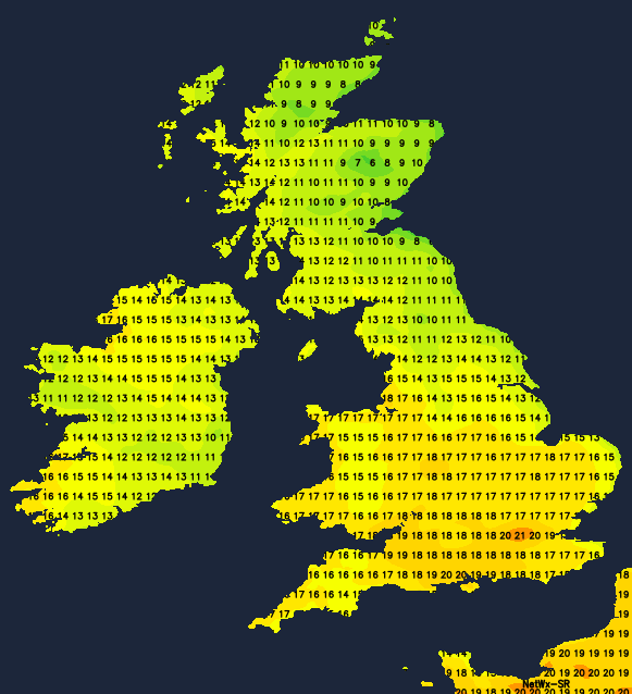 Temperature map for Friday afternoon