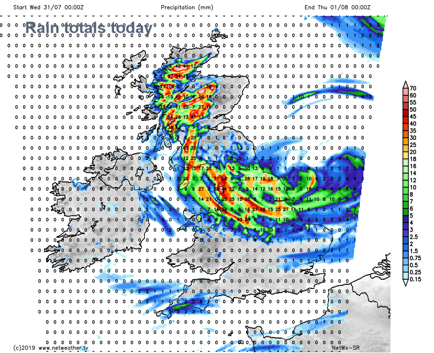 Rainfall totals for Wednesday UK